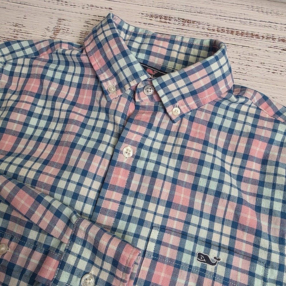 Vineyard Vines Performance Slim Fit Tucker Shirt Mens XS Plaid Flannel Blue Pink